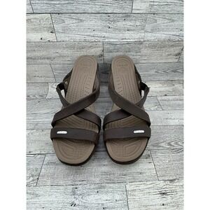Crocs Womens Brown Leather Strappy High‎ Heel Sandal Clogs Heels W8